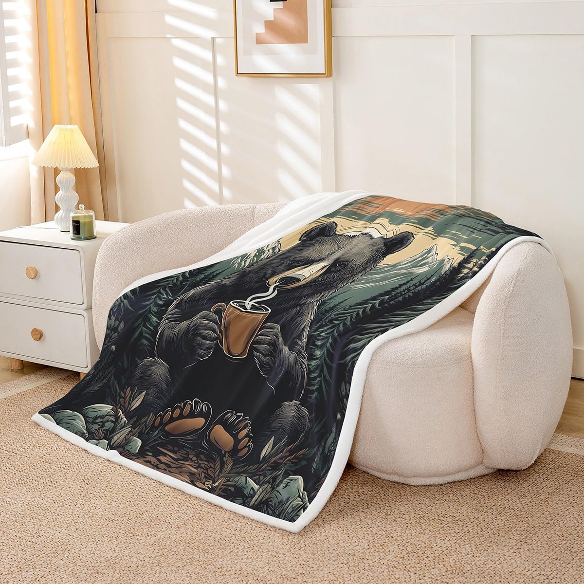 Erosebridal Rustic Bear Fleece Throw Blanket for Kids Girls Boys Black Bear with Coffee Cup Sherpa Blanket Twin Size,Farmhouse Cabin Decor Fuzzy Plush Decorative Sofa Couch