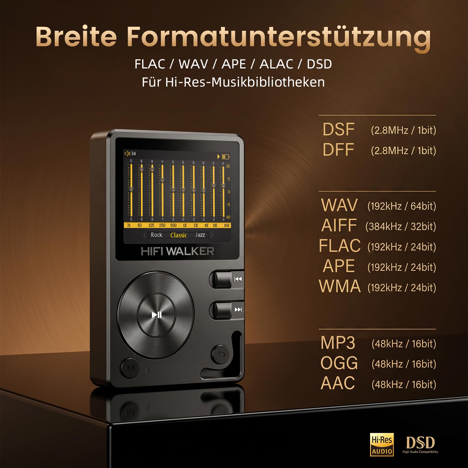 HiFi Walker H2 HiFi MP3 Player mit Bluetooth Verlustfreier DSD DAC Flac High Resolution Music Player Tragbarer Audio Player mit 64GB Speicherkarte Unterstützt bis zu 256GB
