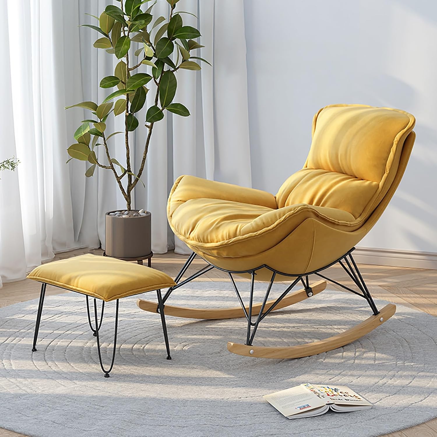 Outdoor Rocking Chair with Footrest Comfortable Upholstered Rocking Chair with Side Pockets and Armrests Living Room Rocking Chair for Living room and bedroom Balcony. ( Color : Yellow , Size : Medium