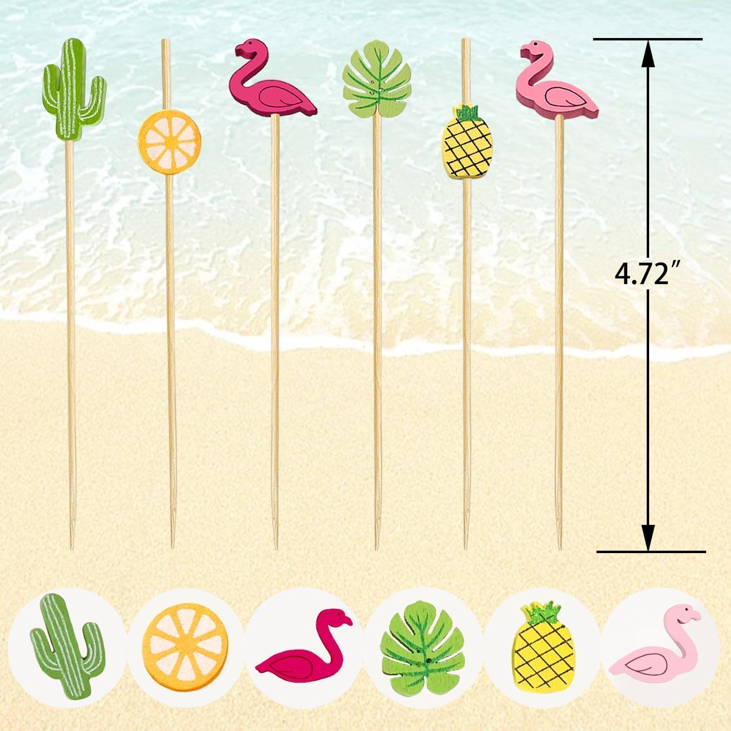 150 PCS Hawaiian Appetizer Picks Tropical Cocktail Toothpicks Party Decorations for Drinks Bamboo Charcuterie Skewers Flamingo Pineapple Palm Leaf Orange Cactus Sticks for Food Luau Hawaii Beach
