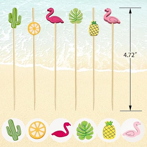 Miniatura 3 de 150 piezas de palillos de aperitivos hawaianos tropicales de cóctel, decoraciones de fiesta para bebidas, brochetas de embutidos de bambú, flamenco,