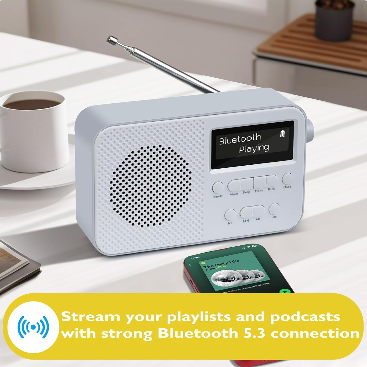 LEMEGA PR2-Max Grey DAB Radio playing music via Bluetooth, with a smartphone displaying a music app nearby.