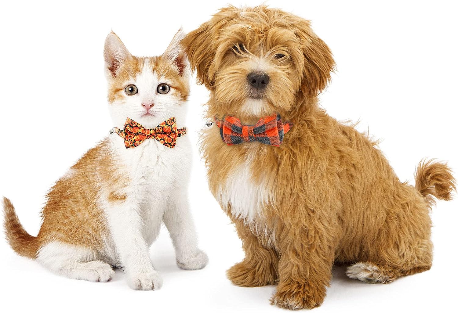 Whaline 2 Pack Fall Cat Collar Thanksgiving Halloween Pet Bowtie Collar with Orange Gray Buffalo Plaid Scary Pumpkin Pattern Bow Tie Collar Adjustable Cat Collar for Small Cats and Dogs