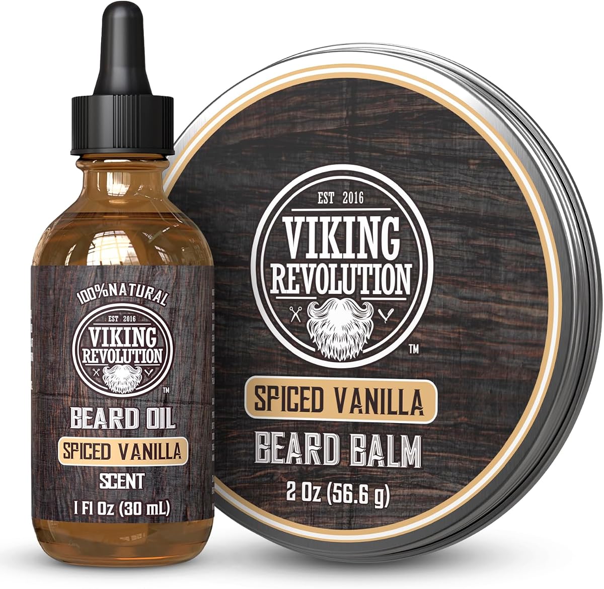 Paquete de bálsamo y aceite para barba Viking Revolution - Vainilla especiada | Incluye bálsamo para barba de 2 oz y aceite para barba de 1 oz - Infundido con aceites de argán y jojoba - Hidrata e hidrata profundamente el cabello facial seco