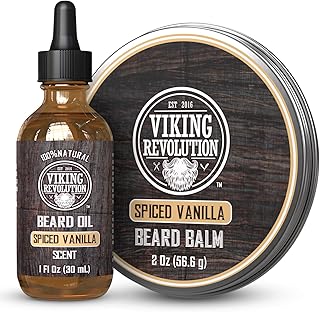 Viking Revolution Spiced Vanilla Beard Balm for Men (2oz) and Beard Oil (1 fl oz) Kit - With Argan and Jojoba Oils - Soften and Moisturize - Stocking Stuffers for Men