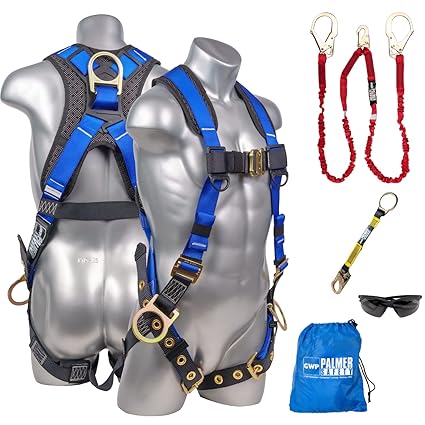 Palmer Safety ATERET Fall Protection Safety Harness Kit I 5pt Full Body, 6' Double Lanyard, 18 inch D-Ring Extender I Dorsal & Sides D-ring I OSHA ANSI Compliant Personal Equipment (Blue - Universal)