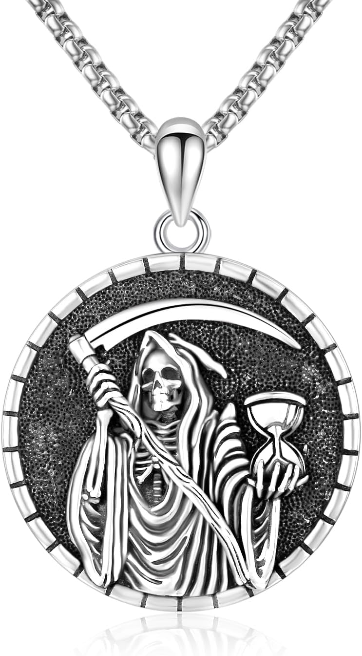 925 Sterling Silver Mens Santa Muerte Grim Reaper Pendant & Rope Chain 20 24 30