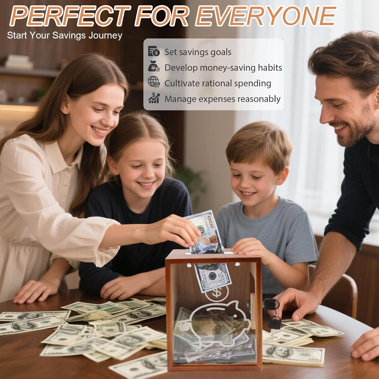 Clear Piggy Bank with Lock, Large Money Saving Jar Money Bank Box Container for Cash Saving, Openable Clear Money Coin Change Bank Jar Container Penny Piggy Jar Bank for Adults Kids, Brown