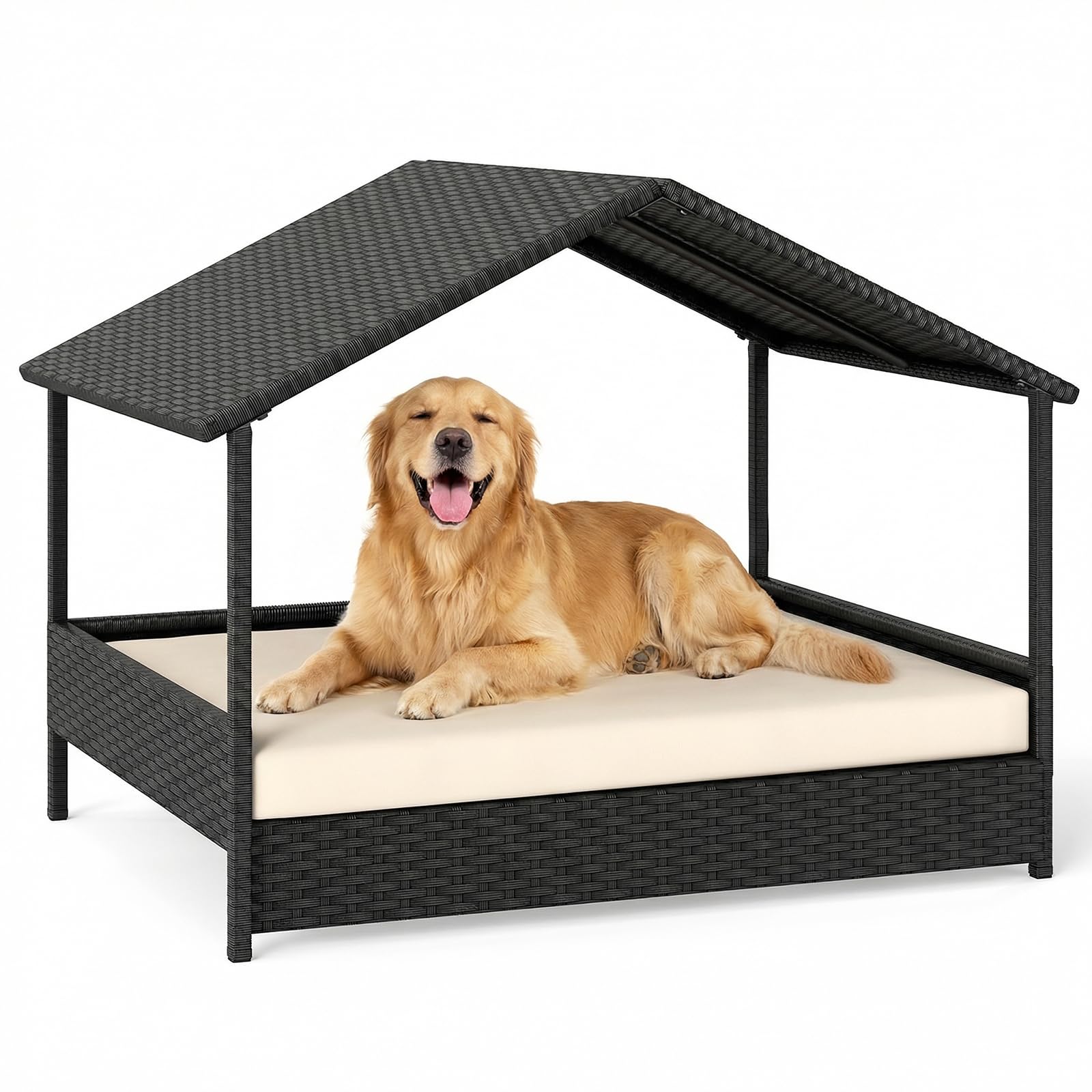 GYMAX Cama para Perro con CojÃn, Caseta para Perro Exterior de Ratán PE con Techo Inclinado y Base Elevada, Ventilada e Impermeable, para Exterior e Interior, 98 x 68 x 74 CM (Beige)