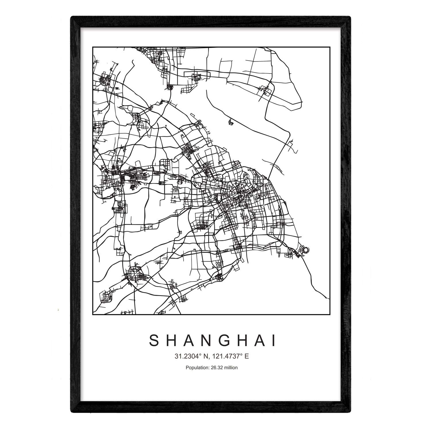 Nacnic Map of the city map Shanghai Nordic style in black and white. Poster A3 Size Framed with Black Frame Printed Paper 250 gr. Pictures, sheets and posters for Salon and Bedroom