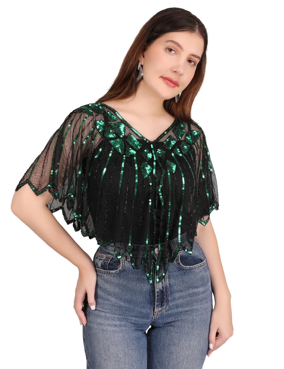 aqsa collection Women's Black Zigzag Sequin Crop | Sheer Net Blouse with V-Neck | Stylish Western Top for Jeans, Skirts, Palazzos & Festive Night Outfits-picture-38