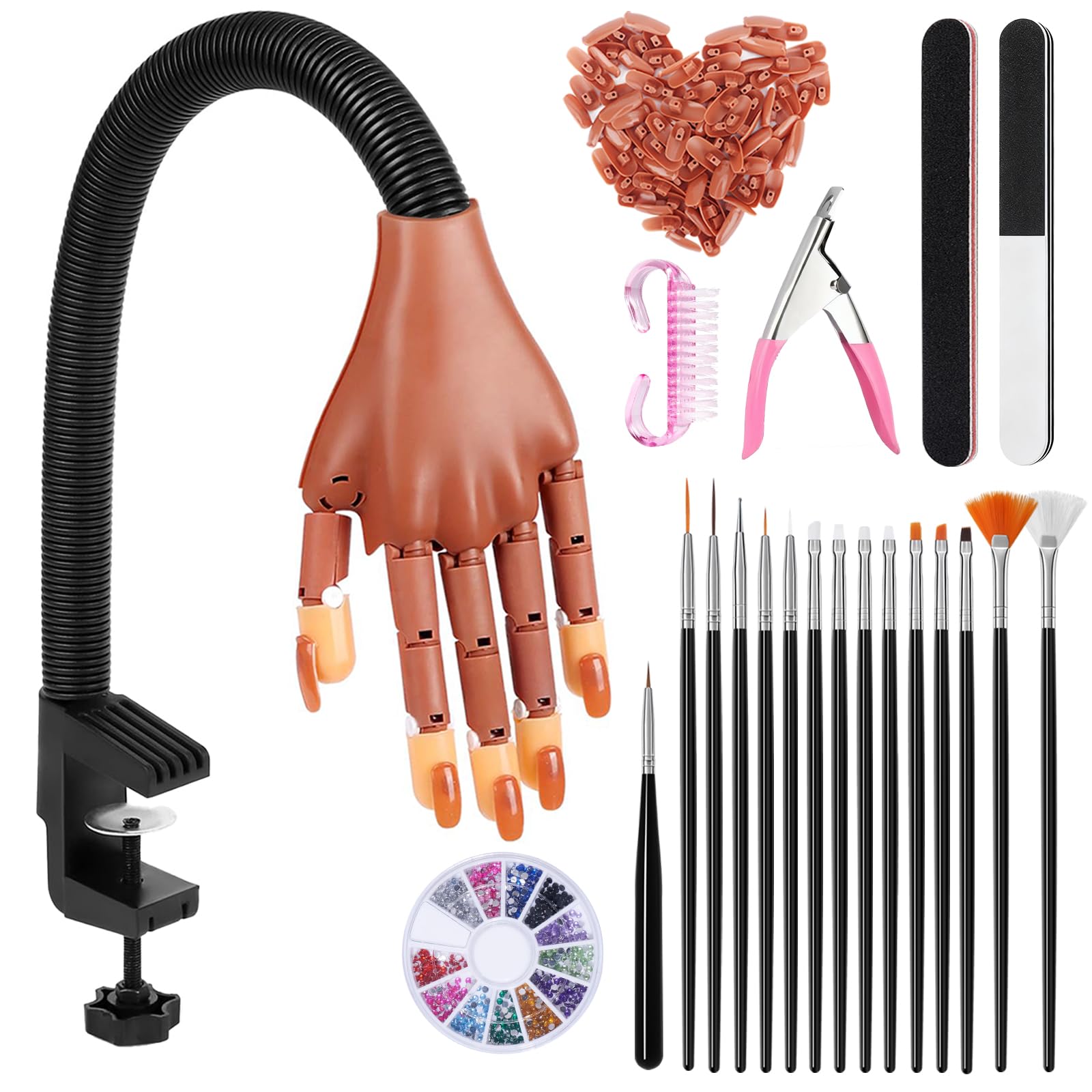 Deciniee Übungshand für Nageldesign - Flexible Nagelübungshand mit 100 Stück Nagelspitzen/15 Nagel Pinsel/Nagelfeile/Strasssteine Nägel - Nagelhandübungsmodell- Acryl Nagel-Set für Nagelmaniküre