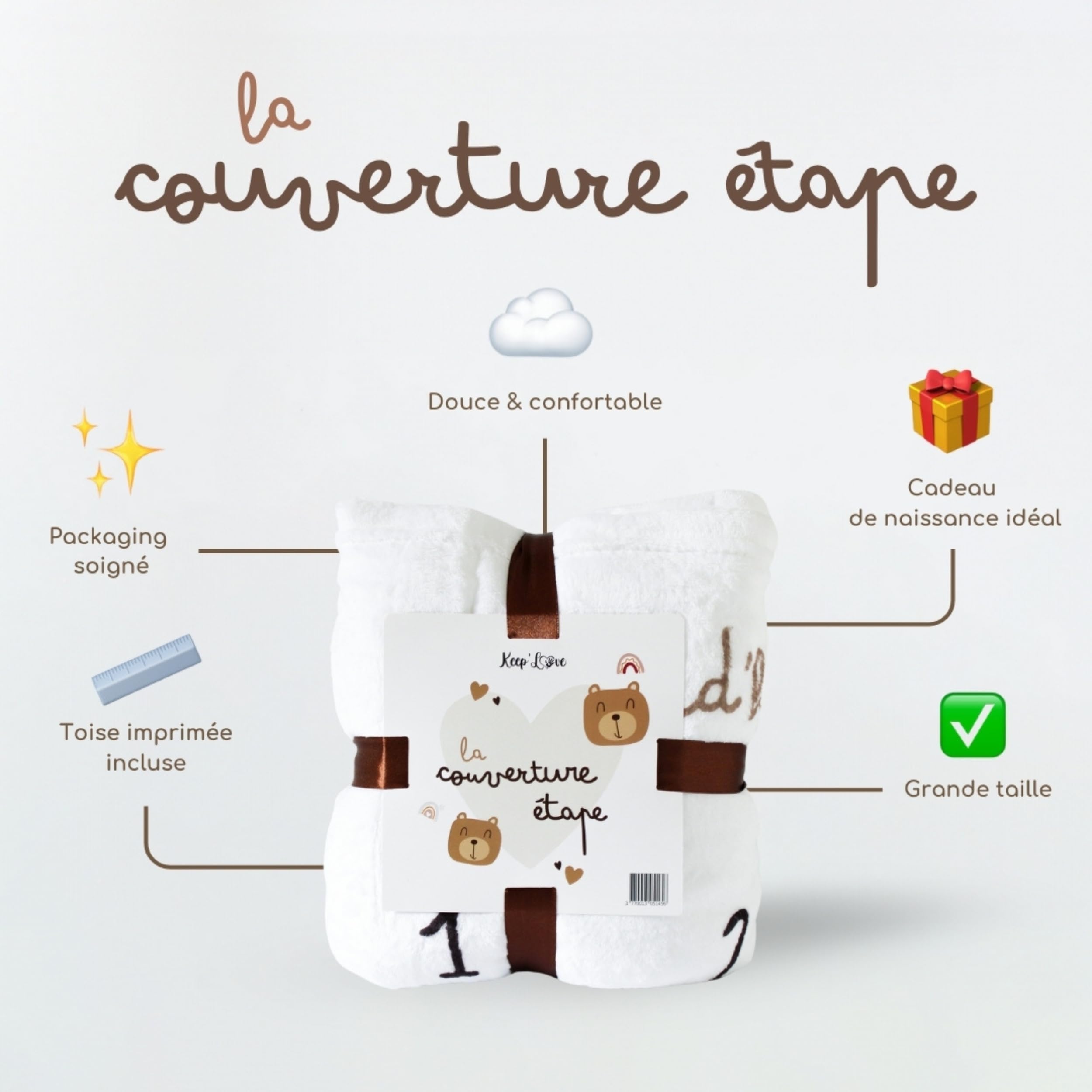 Keep'Love - Couverture Étape Bébé - Tapis Mois Bebe en Français - Tapis Photo Bebe Mois - Cadeau Naissance Fille Garçon - Baby Shower - Future maman - Toise imprimée Accessoires Inclus (Modèle Ourson)