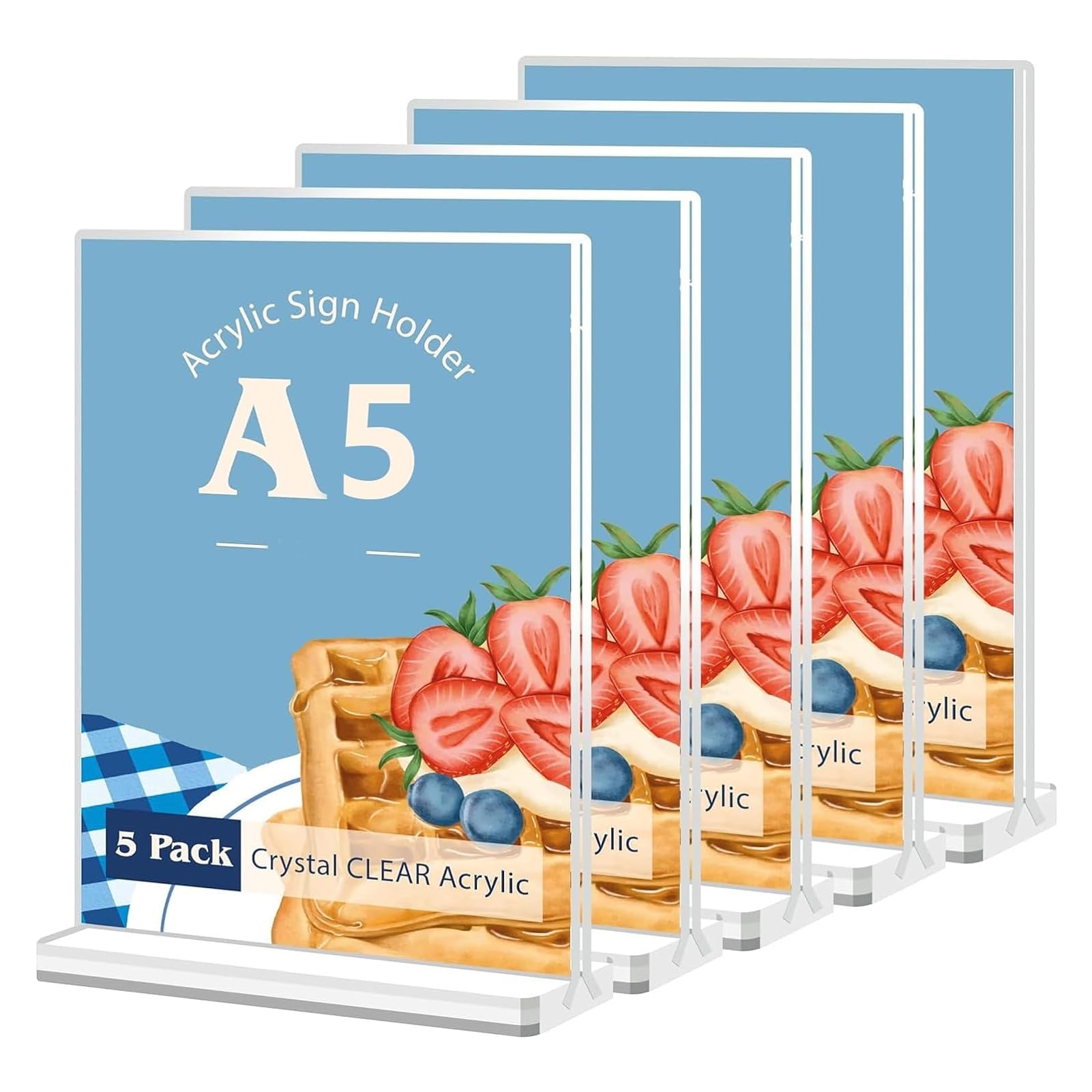 Acrylic Sign Holder 5 Pack, A5 Double Sided Clear Display Stand Table Top Sign Paper Holder, Vertical Menu Flyer Holder, Plastic Sign Frame for Stores, Restaurants, Hotels, Office (A5)