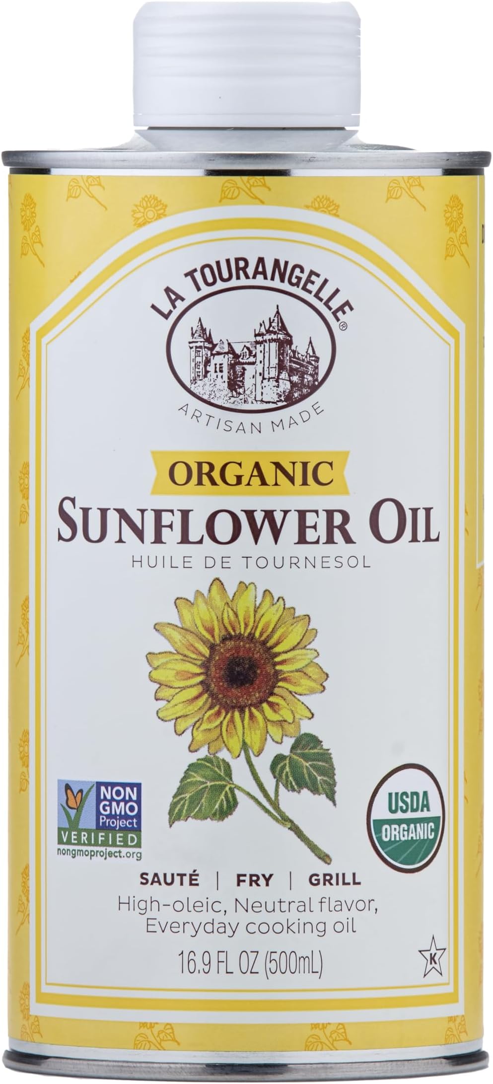 La Tourangelle, Organic High Oleic Sunflower Oil, Neutral Oil For Medium to High Heat Cooking and Skin Care, Non GMO, Pesticide and Chemical Free, 16.9 Fl Oz