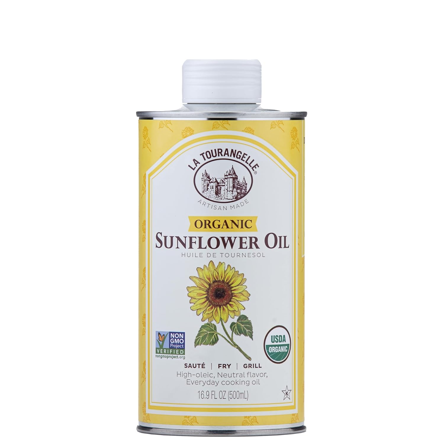 La Tourangelle Organic High Oleic Sunflower Oil - Neutral Non-GMO for High-Heat Cooking & Skin Care, 16.9 Fl Oz