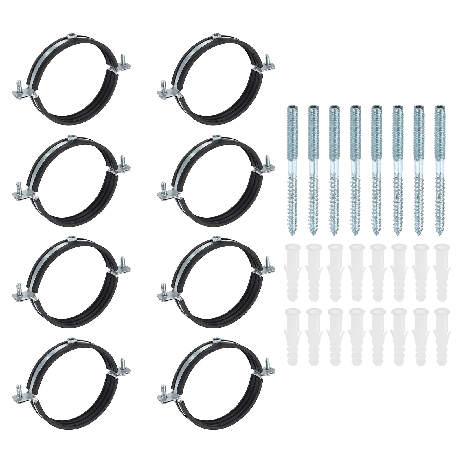 sourcing map 8 Set Split Ring Pipe Hanger 4-5/16" (110mm) Galvanized Steel Sheet Wall Ceiling Mount Adjustable Pipe Bracket Clamp with Screw and Expansion Tube for Plumbing HVAC (M8)