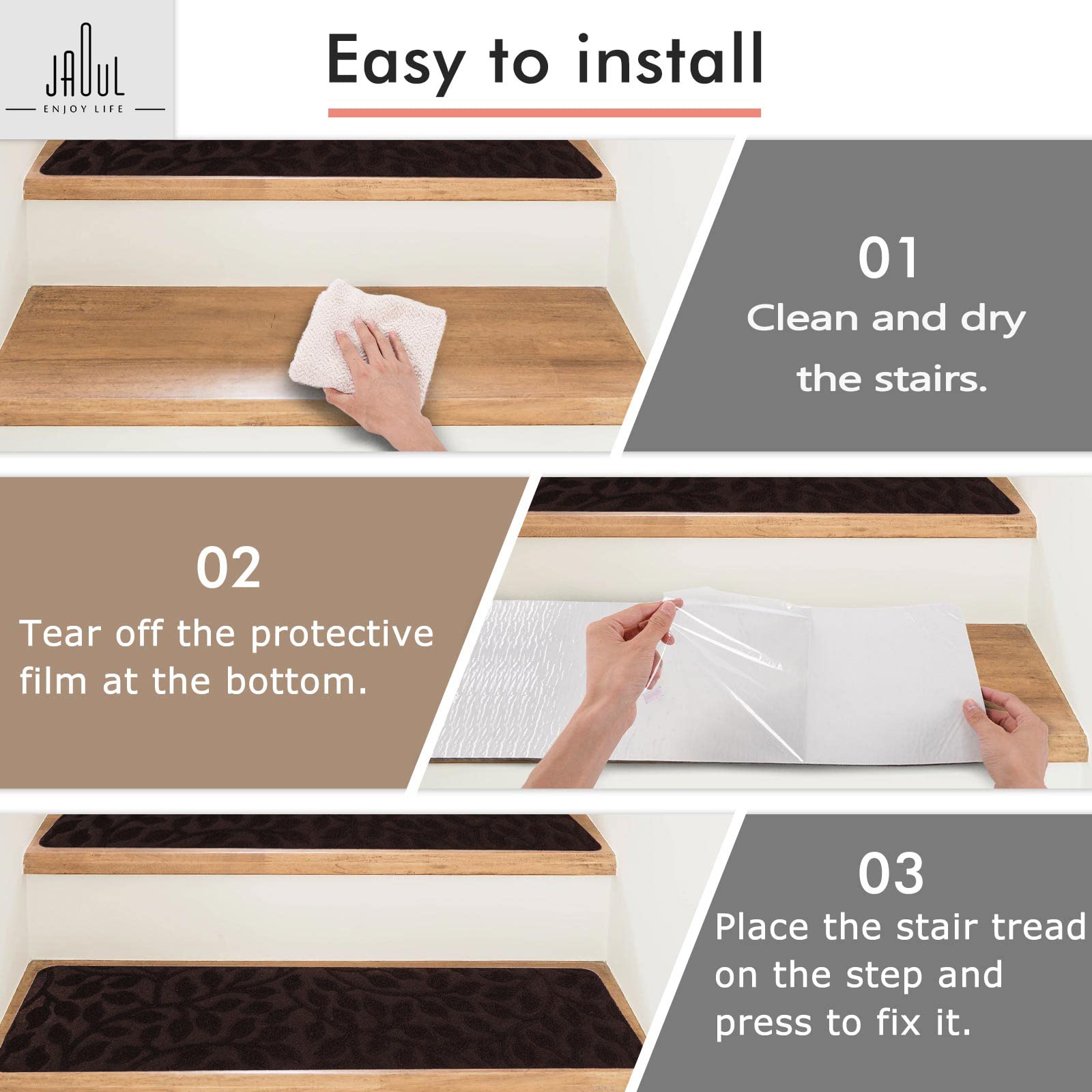 Jaoul Stair Treads for Wooden Steps Indoor Non-Slip 8" X 30" Indoor 15PCS Stair Treads Carpet, Non-Skid Safety Rug Stair Runners for Kids Elders and Pets (Brown, 15PCS)