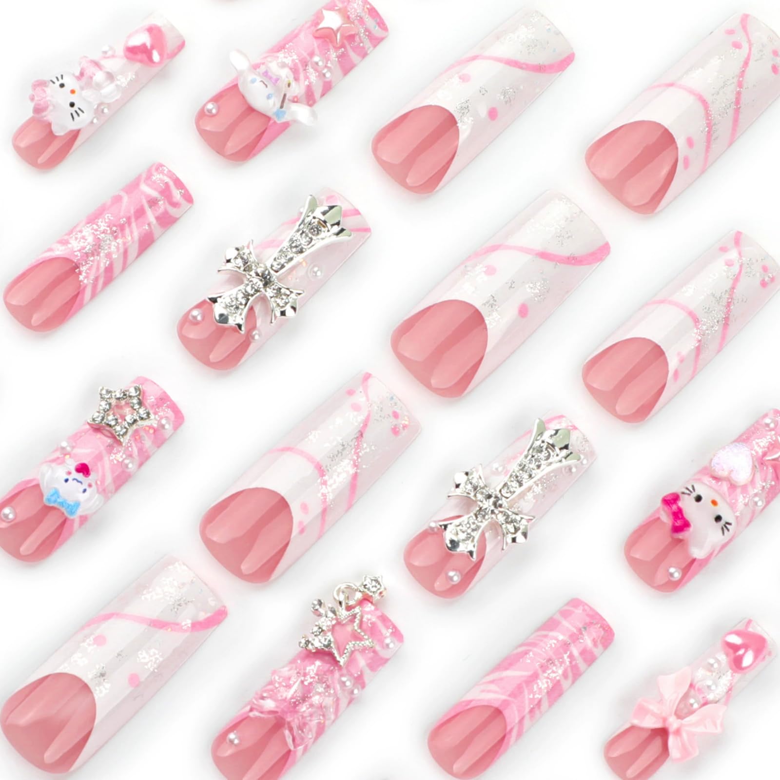 French Press On Nails, Pink Long Coffin False Nails, Cute Kawaii 3D Fake Nails Designs With Cross Kitty Puppy Bow - Image 2