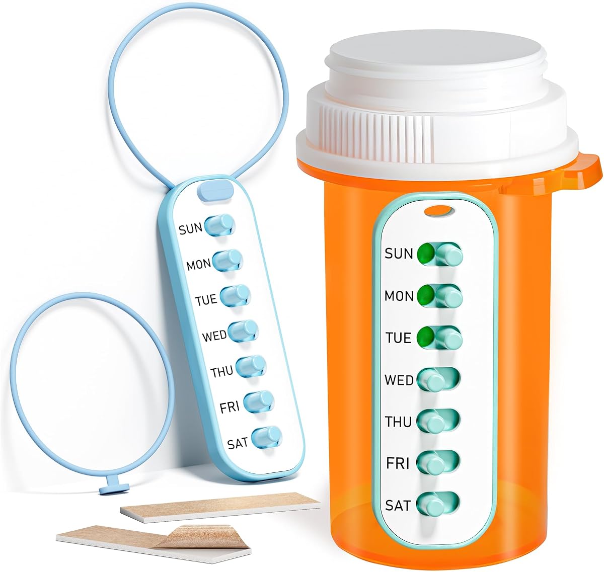 Odaro Pill Reminder, Lanyard or Sticker Pill Tracker, 2 Pack | Fits Most Bottles, Reusable Medication Tracker, Replace Weekly 7 Day Medicine Organizer, Easy Date Mark, For Elderly & ADHD