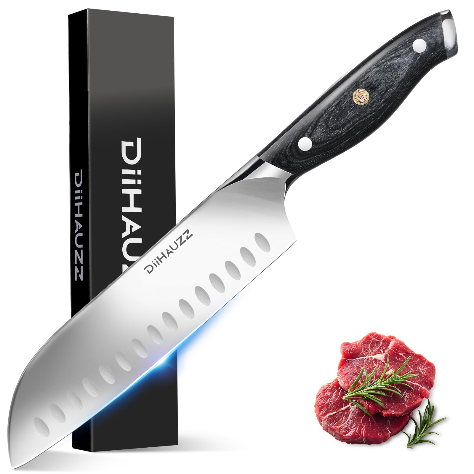 DiiHAUZZ Santokumesser, 18 cm scharfes Messer aus Edelstahl X50CrMoV15, Hochwertiges Küchenmesser mit Ergonomischem Pakkaholzgriff, Profi Kochmesser für Fleisch & Gemüse, Japanisches Chefmesser