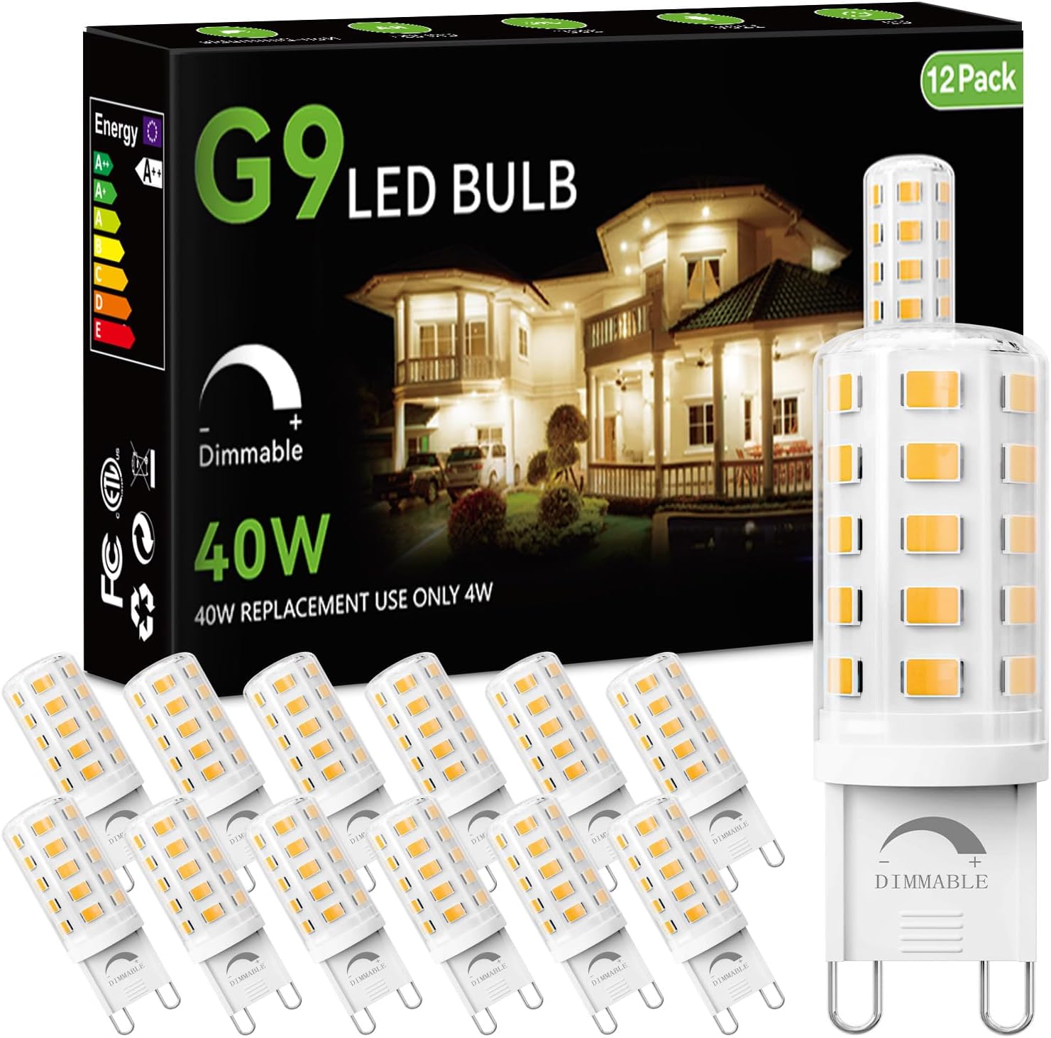 dalattin 12 Pack Dimmable G9 LED Bulb 4W Equivalent 40 Watt, 3000K Warm White, T4 G9 Bi-pin Base Halogen Replacement, G9 Socket Light Bulb for Chandelier Wall Sconce, 450LM, 120V