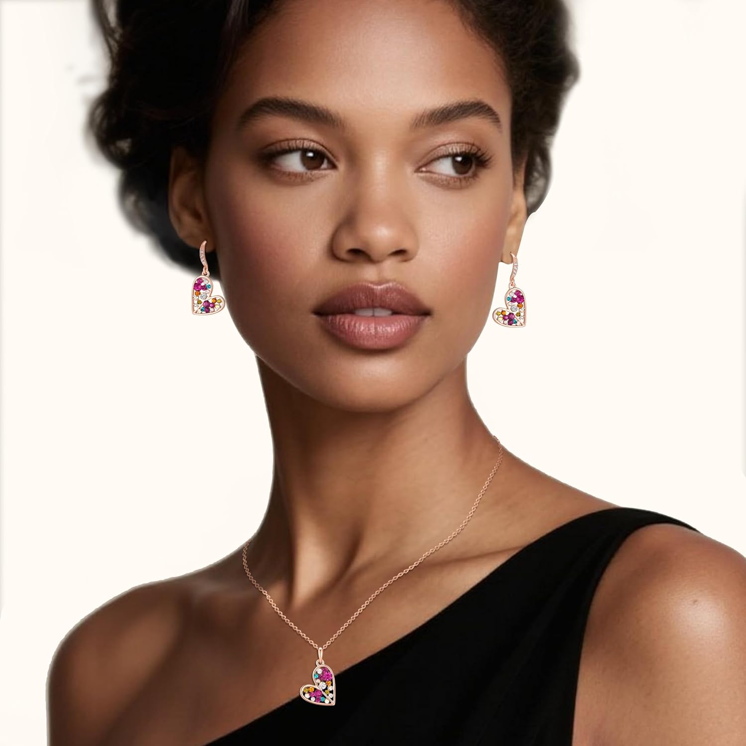 EVEVIC Austrian Crystals Heart Pendant Necklace Earrings Set for Women 14K Rose Gold Plated Drop Earrings Hypoallergenic Jewelry Set Gift for Birthday Anniversary Wedding - Image 5