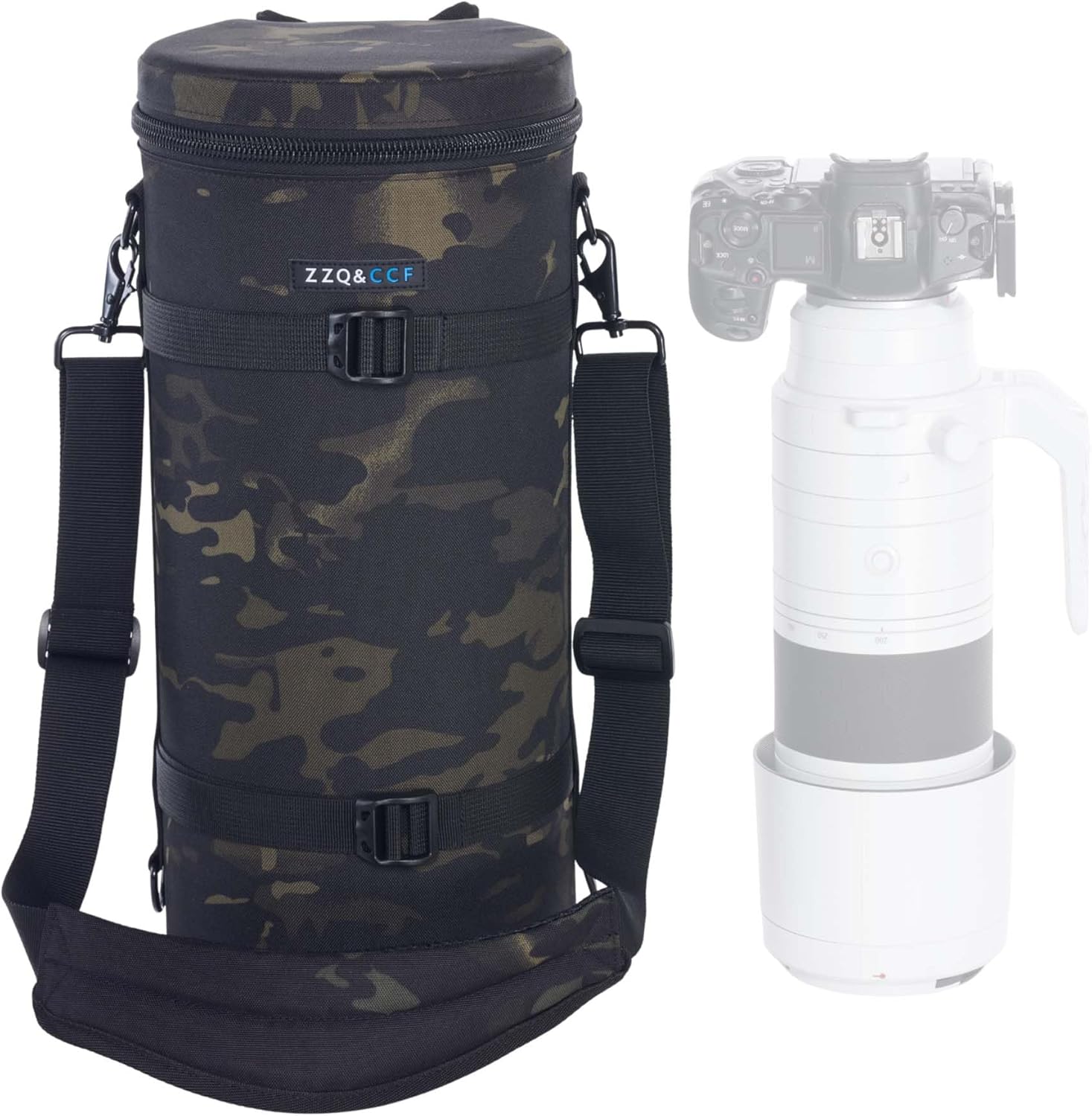 ZZQ&CCF Camera Lens Pouch Bag for Canon RF 200-800mm F6.3-9, Large Thick Lens Carry Bag, Water Resistant Protective Camera Lens Pouch for Super-telephoto Zoom#Black Camo