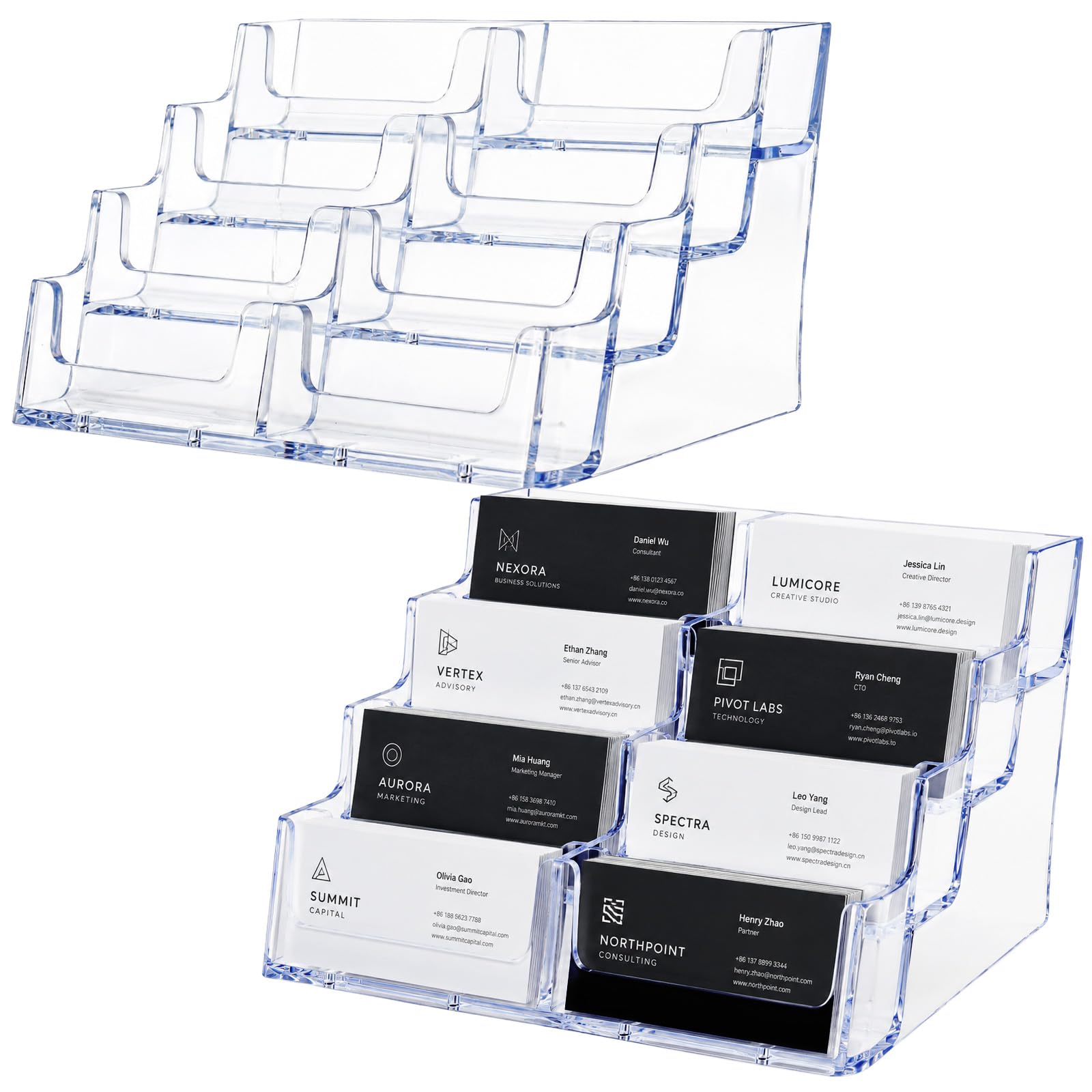 EVERGOODS 2 Pack Acrylic Business Card Holder, 8 Slots Desktop Business Card Organizer, Clear Acrylic Card Display Stand, High Capacity Office Card Storage Rack for Desk, Office, Reception
