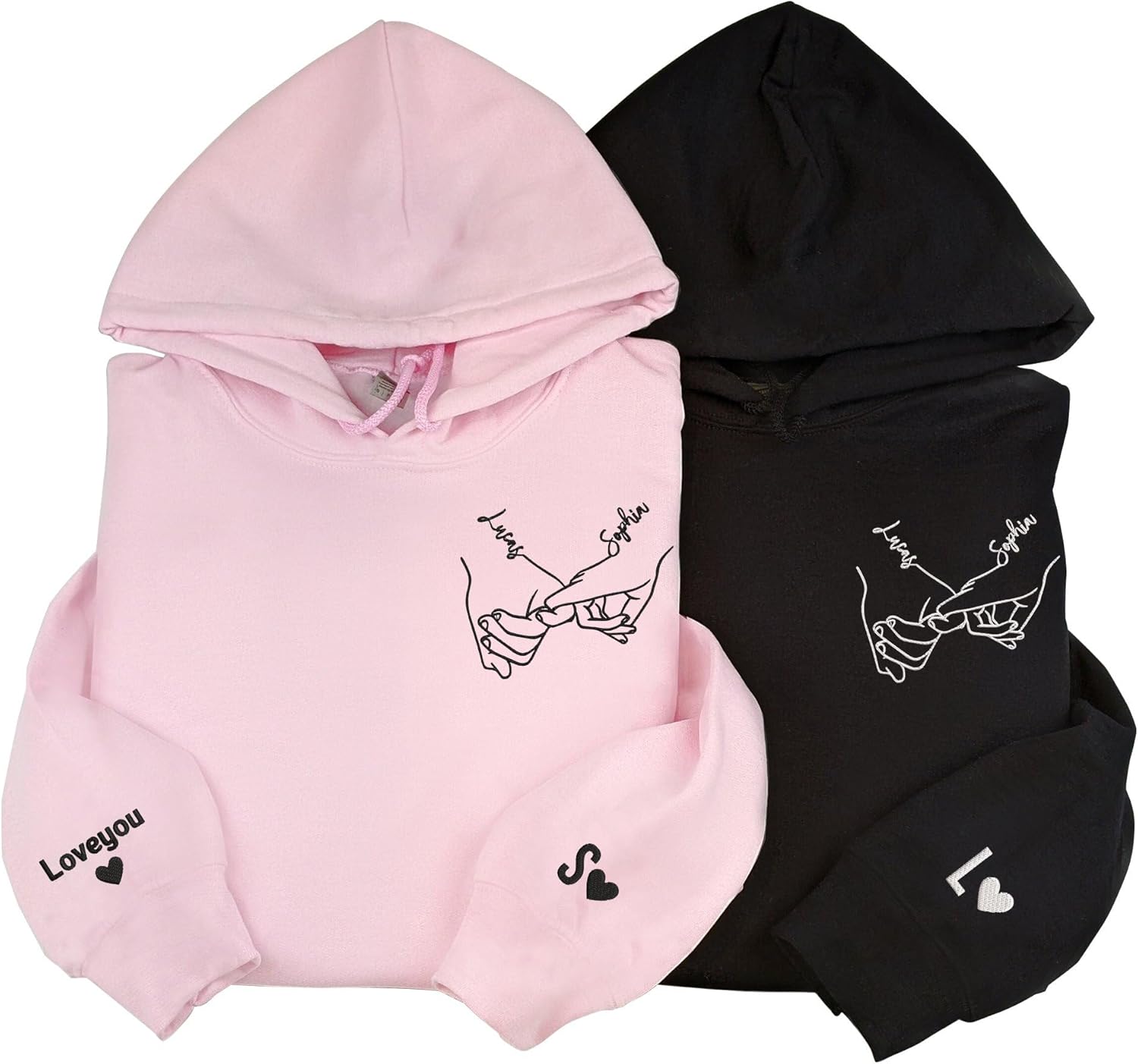 GodLover Personalized Embroidered Hands Holding Line Art Hoodies, Couple Matching Sweatshirt, Custom Quote On Right Sleeve, Custom Letter Name On Left Sleeve, Anniversary