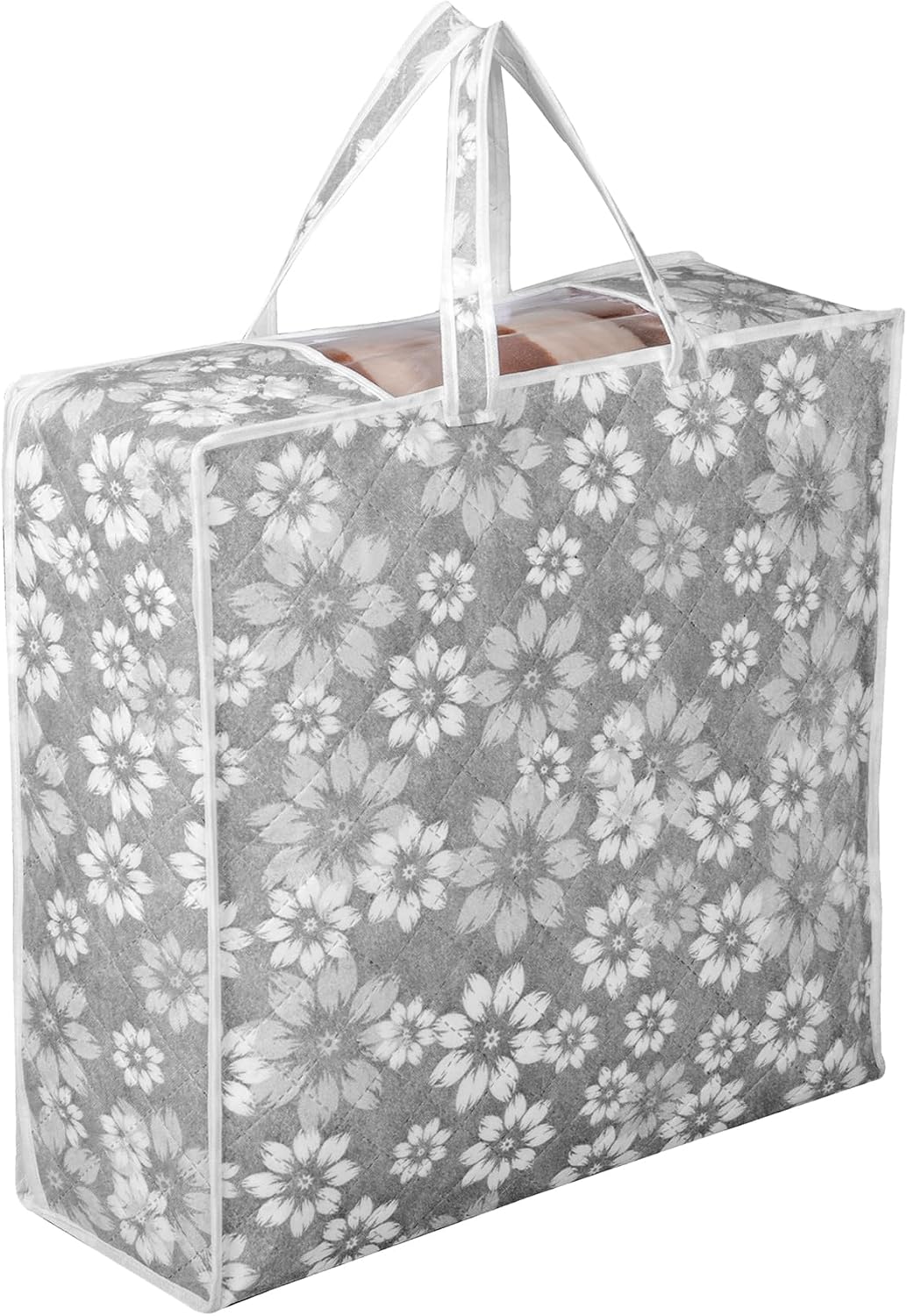 Kuber Industries Blanket Cover | Waterproof Underbed Storage Bag | Wardrobe Storage Bag | Visible Window with Handle | Bedding Clothes Bag | Flower Quilted Comforter Bag | Golden