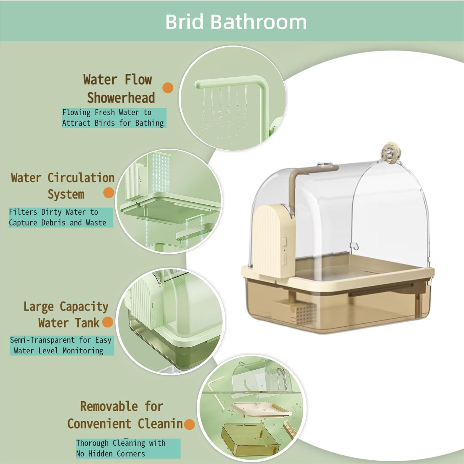 Electric Bird Bath for Cage,Automatic Bird Bathtub Shower,Water Wiggler for Bird Bath，Parakeet Bird Bath with Pump,3 in 1 Multifunction Expandable Bird Cage with Automatic Water Dispensing (Brown)