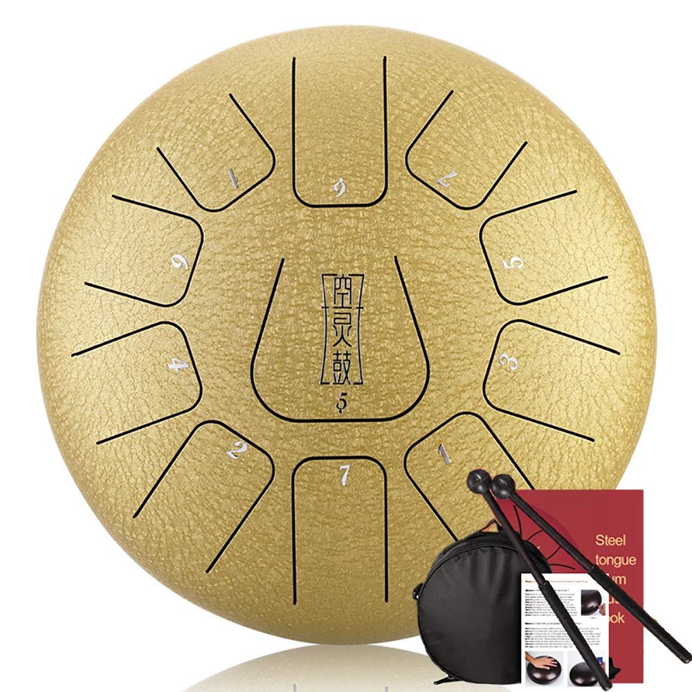 Tamburo A Lingua In Acciaio Da 12 Pollici A 11 Note, Tamburo A Percussione Manuale, Set Di Strumenti A Batteria Etereo Con Borsa Per Il Trasporto, Bacchette, Tacche Per Bacchetta (Color : Gold)