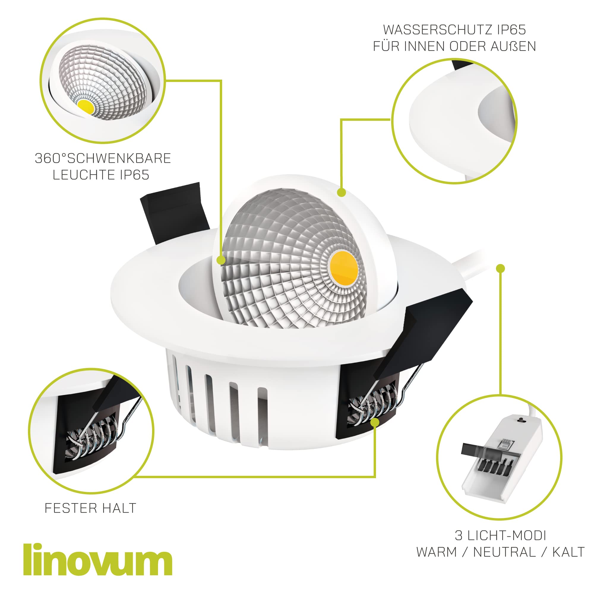 linovum ATOA - Set di 4 faretti da incasso rotondi bianchi orientabili a 360° IP65 LED 6W 3 colori CCT dimmerabili - faretto LED da incasso bagno 230V