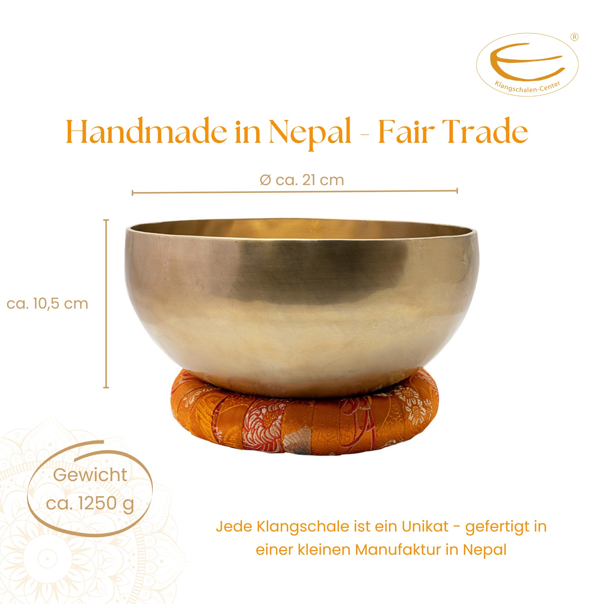 Klangschale im Starterset, 1200-1300 g, handgeschmiedet | Fair Trade aus Nepal, tiefer Klang, inkl. Zubehör und Buch