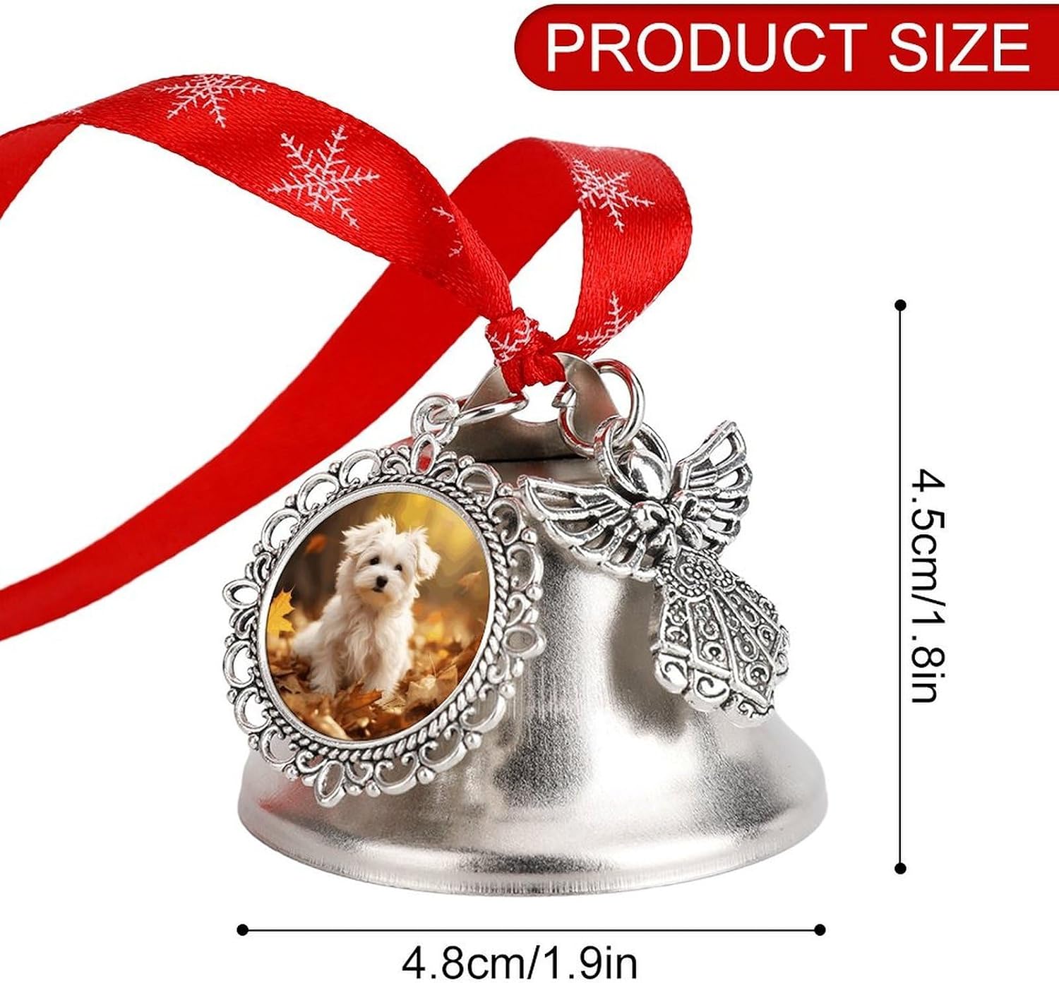 Leaves and White Dog Christmas Bells Ornaments with Wings & Heart Silver Bell Pendant for Christmas Tree Home Door Mantle Fireplace Decoration