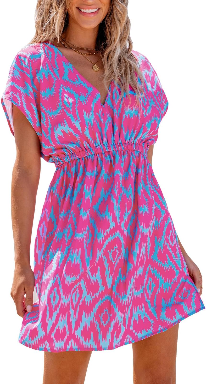 Women's Swimsuit Coverup Casual V Neck Beach Dress Short Sleeve Elastic Waist Swimwear Cover Ups 2026 Beachwear