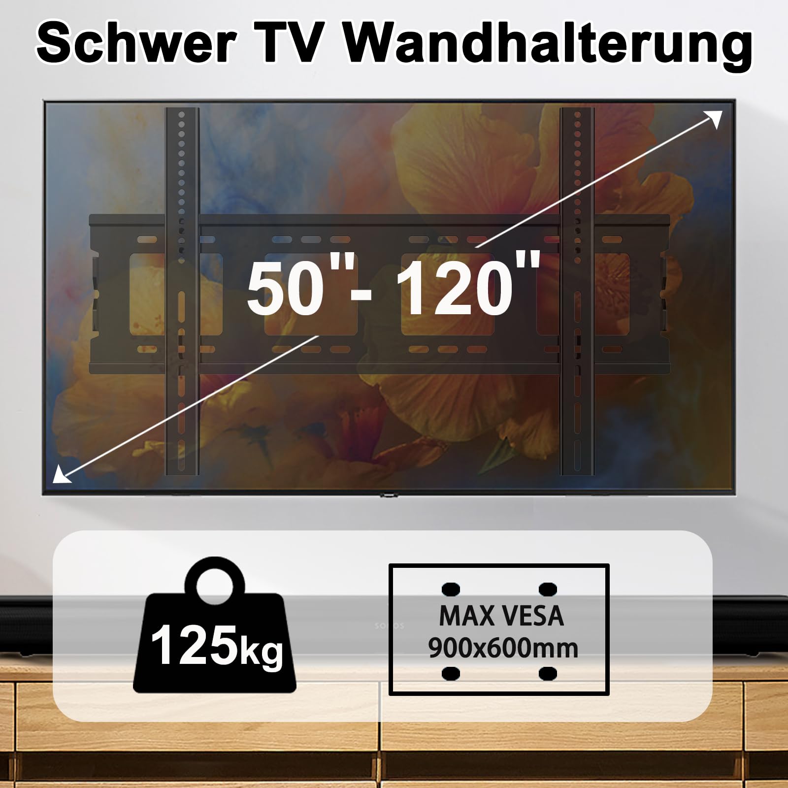 Supporto da parete per TV fisso da 50 a 120 pollici, resistente e curvo, max. VESA 900 x 600 mm, può contenere fino a 125 kg, ultra sottile e pesante, montaggio a parete 75 80 85 90 100"
