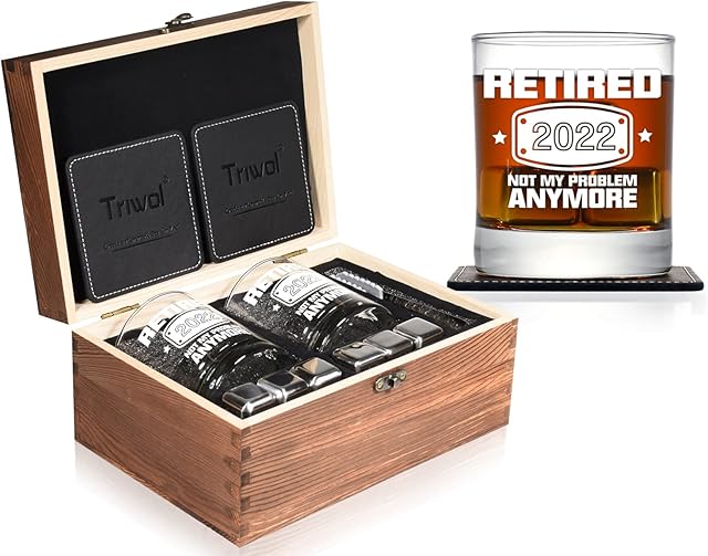 2022 Retirement Gifts for Men, Funny Retired 2022 Not My Problem Any More Whiskey Glass Wooden Gift Boxed Set, Happy Retirement Gifts for Boss, Office Coworkers, Dad, Husband, Brother, Friends