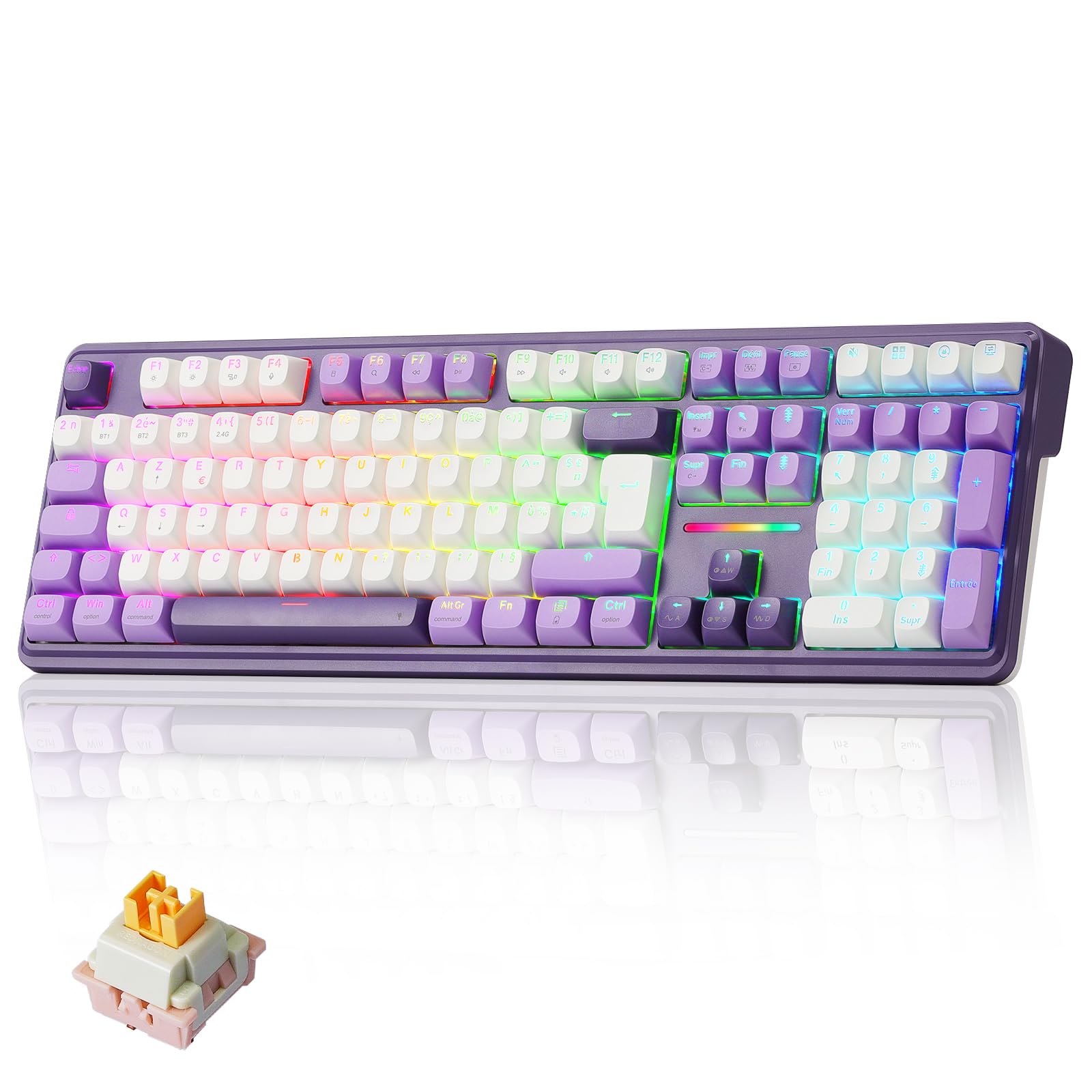 Redragon K745 Pro Clavier Mécanique sans Fil 3 Modes RGB AZERTY FR, 105+4 Touches, 4 Macros, Hot-Swap, Amortissement 5 Couches, Touches PBT Translucides, Switch Linéaire Yolk