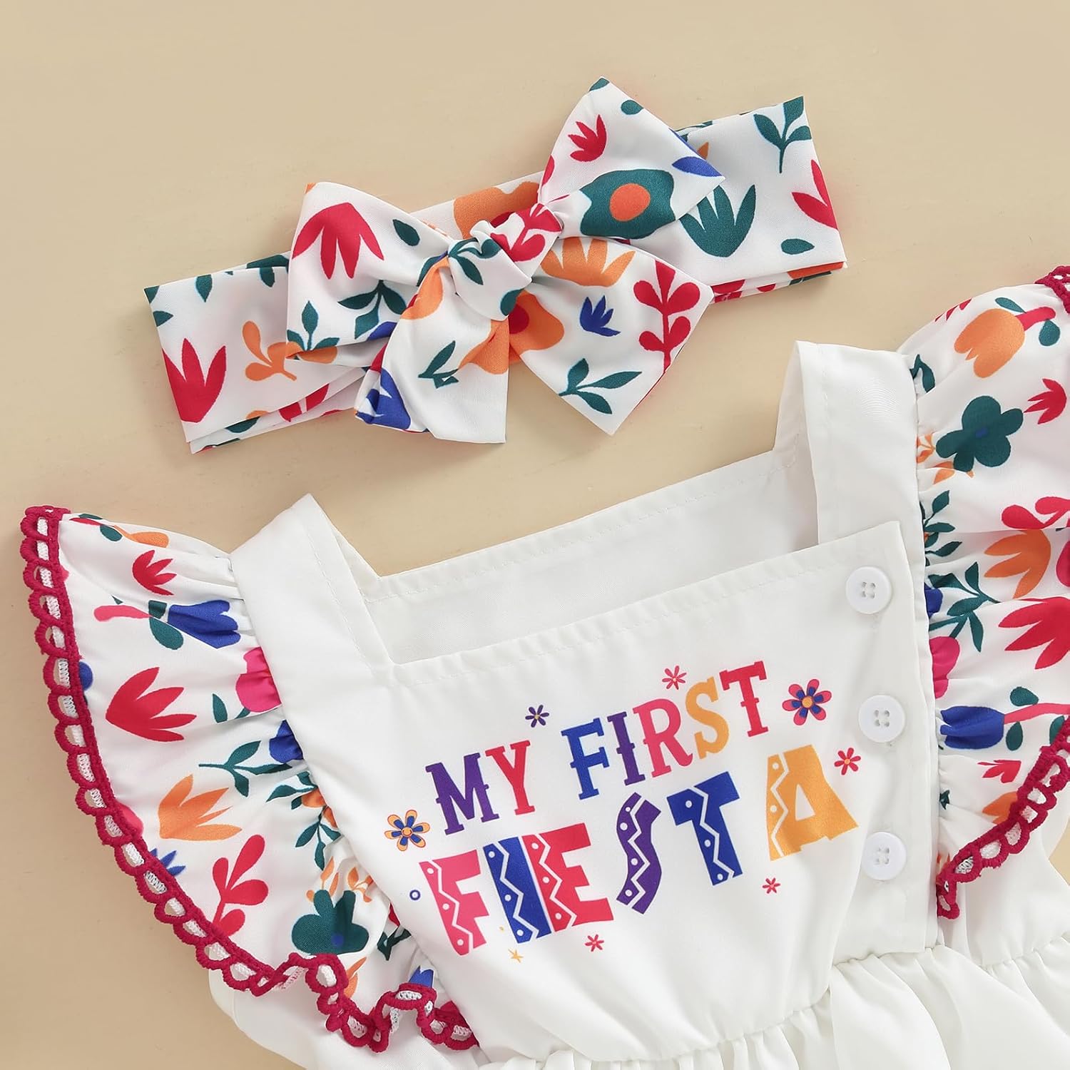 Newborn Girl Summer Clothes Cinco De Mayo My First Fiesta Outfit Flower Print Ruffle Sleeveless Romper Dress