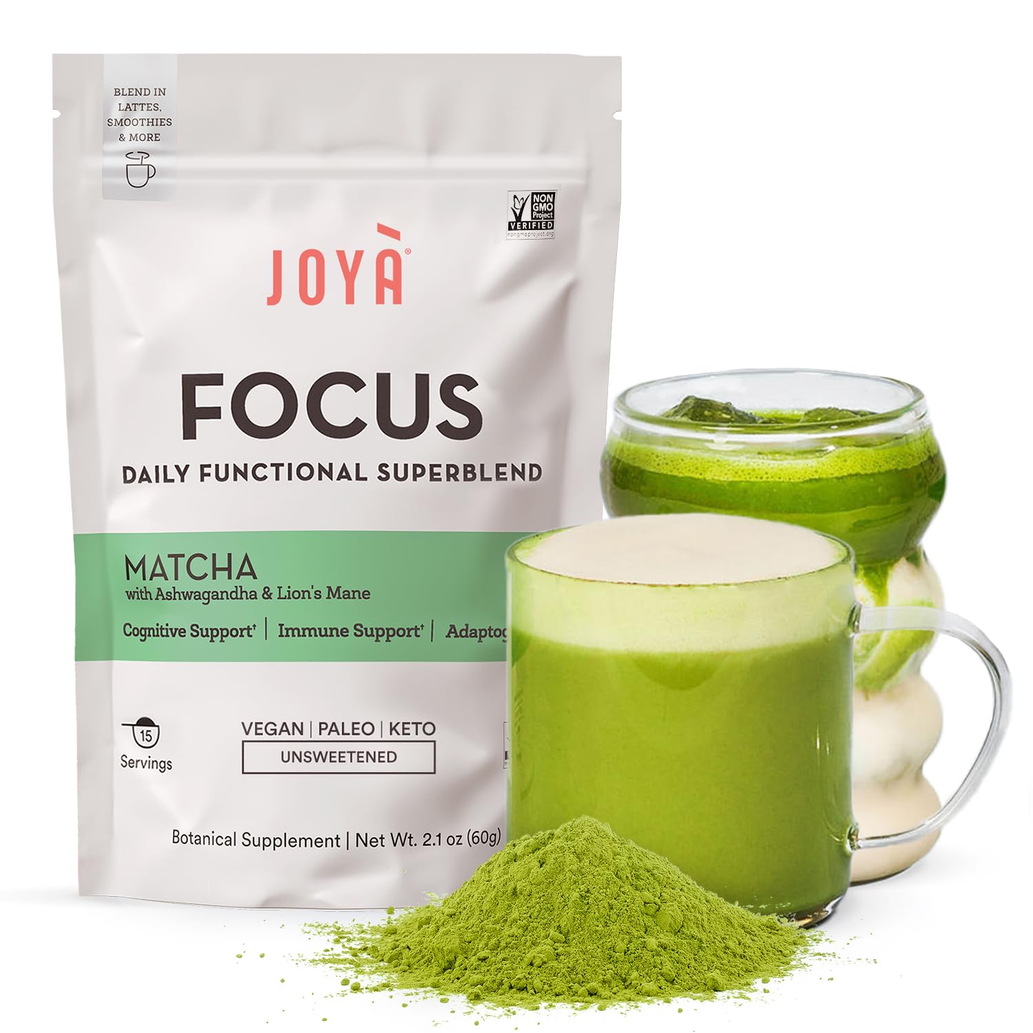 Focus Matcha Superblend - Nootropic Matcha Mushroom Powder Blend, Adaptogen Drink Mix with Lion’s Mane Mushrooms & Ashwagandha, Focus Supplement - 15 Servings