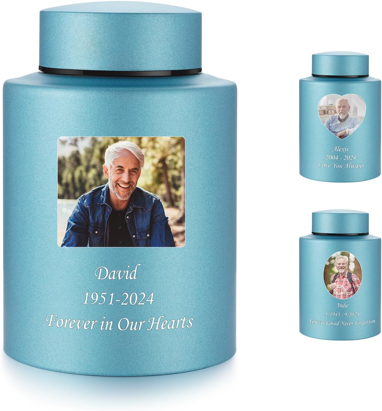 Photo Custom Cremation Urns for Human Ashes, Personalized Funeral Urn Stainless Steel Memorial Urns, 5.9 Inches Medium Decorative Keepsake for Human Ashes - Matt Blue