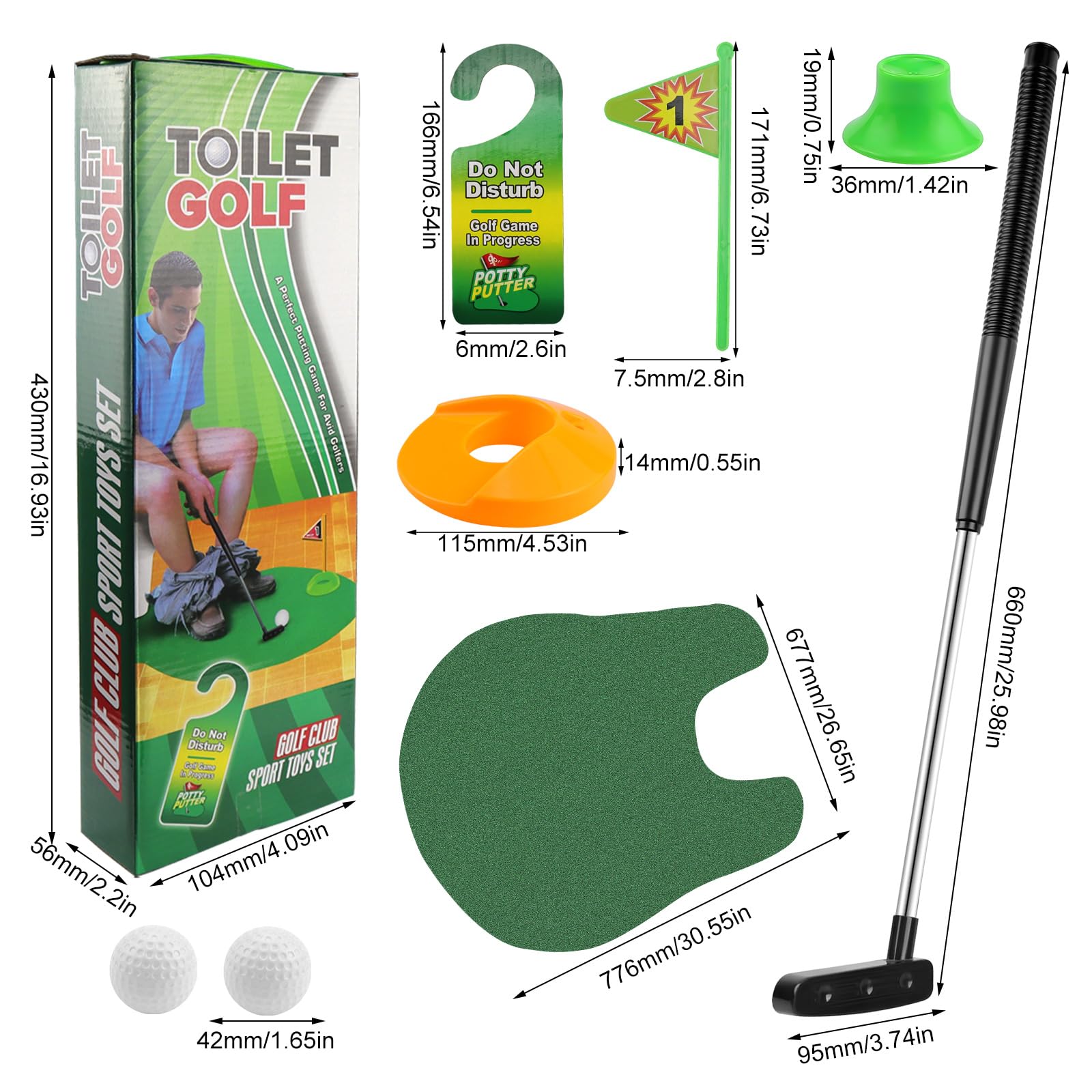 FAELNK Mini Golf Game Set para Inodoro Divertido Regalo para Hombres de Golf con Palo de Golf de 65 cm, Tapete para Putting, 2 Pelotas de Golf y Colgador para Puerta