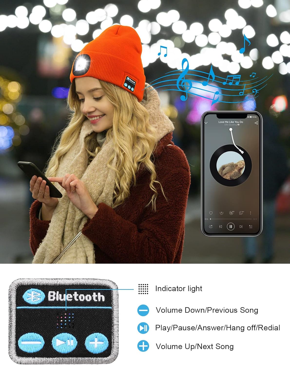 Wmcaps Bluetooth Beanie with a Light, Unisex USB Rechargeable 4 LED Fashlight Hat with Cordless Headphones, Unique Christmas Birthday Gifts for Men Him Husband Teen Purple