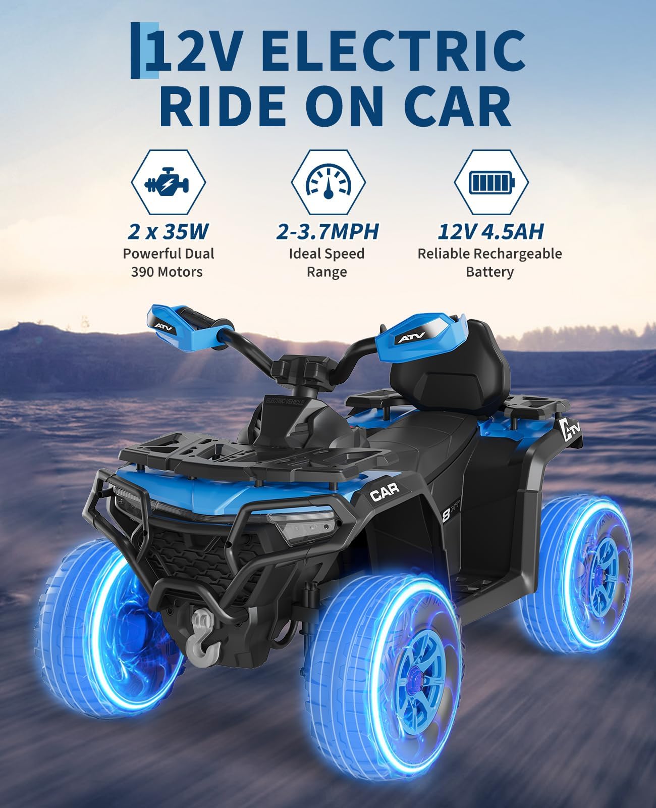 Quad Eléctrico Infantil 12V con Música y Luces, Vehículo Eléctrico con Doble Motor, USB y Bluetooth, Velocidad 3–5 km/h, Vehículo Todoterreno a Batería para Niños 3+ Años, Azul
