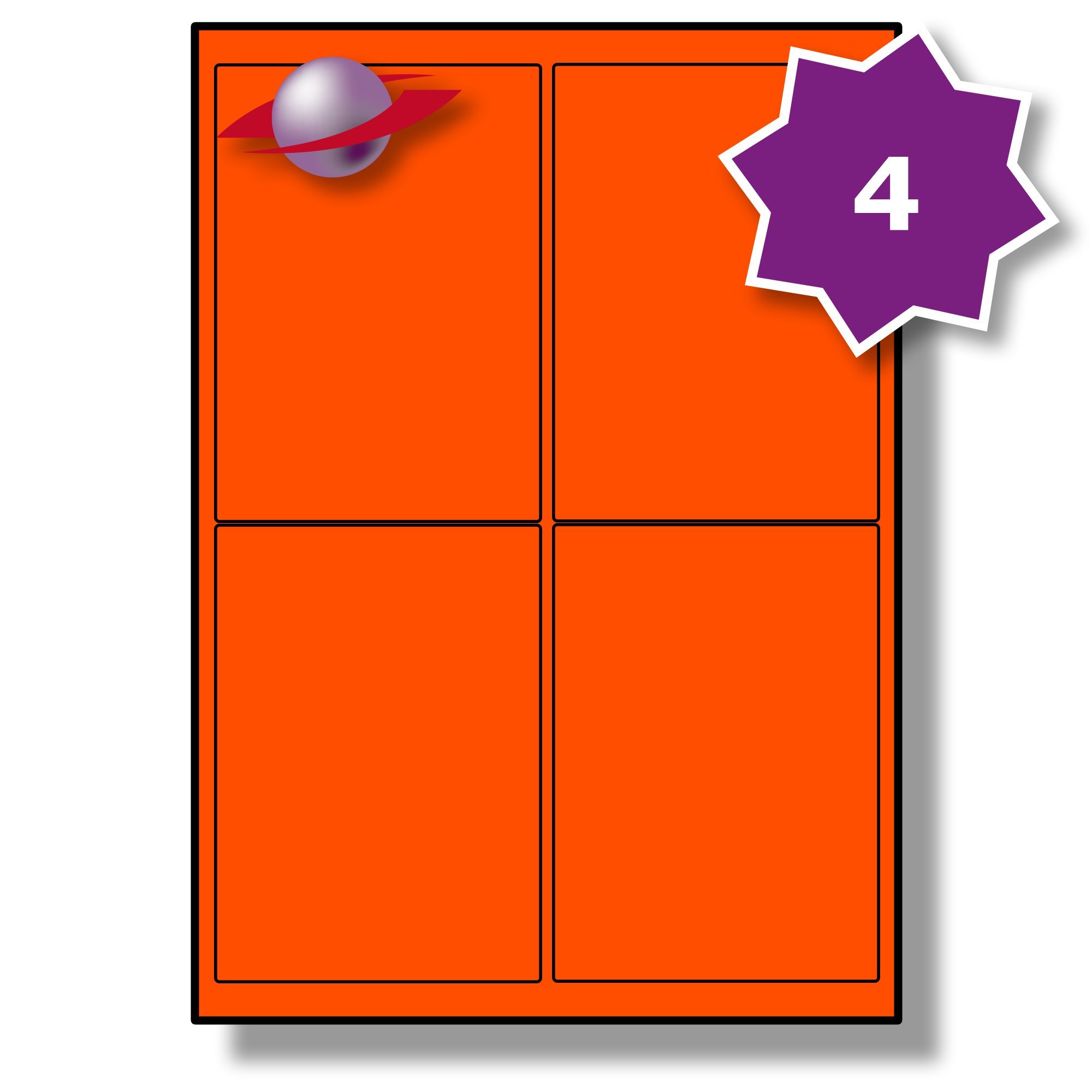 Label Planet® 4 Per Sheet, 25 Sheets (100 Tomato RED Labels). Coloured Paper Labels Rounded Corners, 99.1 x 139mm, LP4/99 C. — image 1