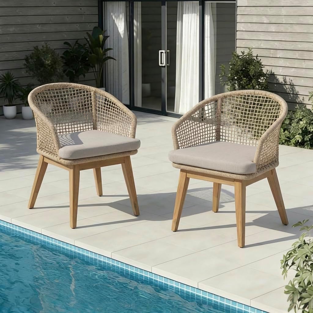 OC Orange-Casual Acacia Wood Patio Chairs, Breathable Nylon Checkerboard Woven Backrest, Removable Cushions & Adjustable Feet for Porch, Garden, Backyard (Beige, 2 Pieces)