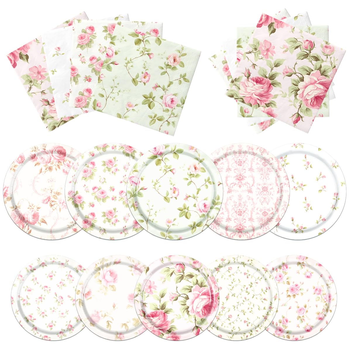 CMUSKO Floral Party Supplies - 60Pcs Plates and Napkins, Vintage Rose Tableware for Garden Spring Tea Party