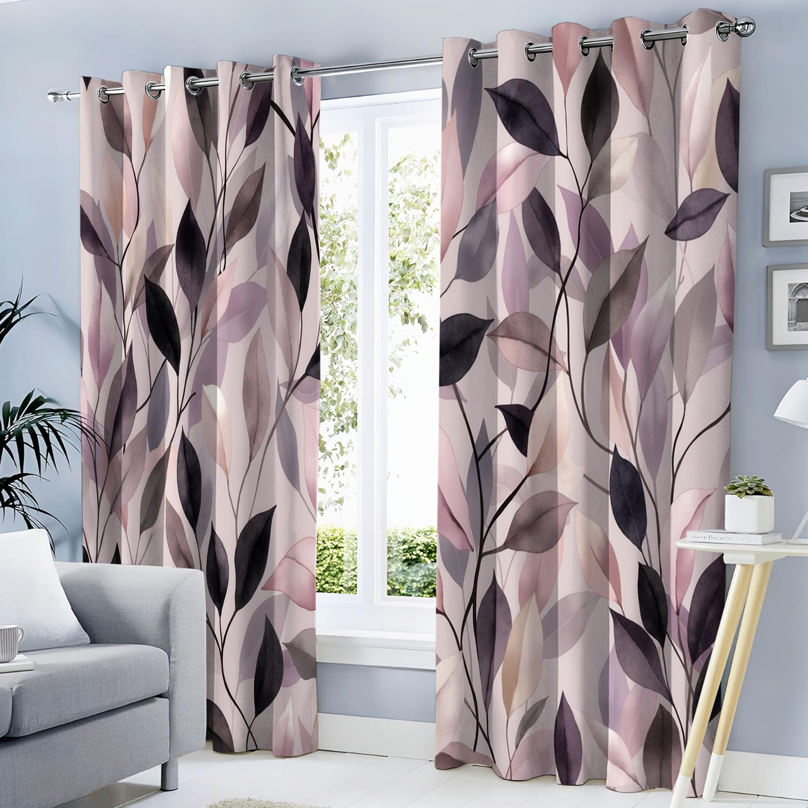 Rideau Occultant Feuilles Et Branches Aquarelles, Rideaux Plantes Modernes Poudre De Blush, Rideau Thermique Anti Froid pour Salon Chambre Decoration, Lot De 2 Draperies Intérieur 117X137 Cm (Lxh)